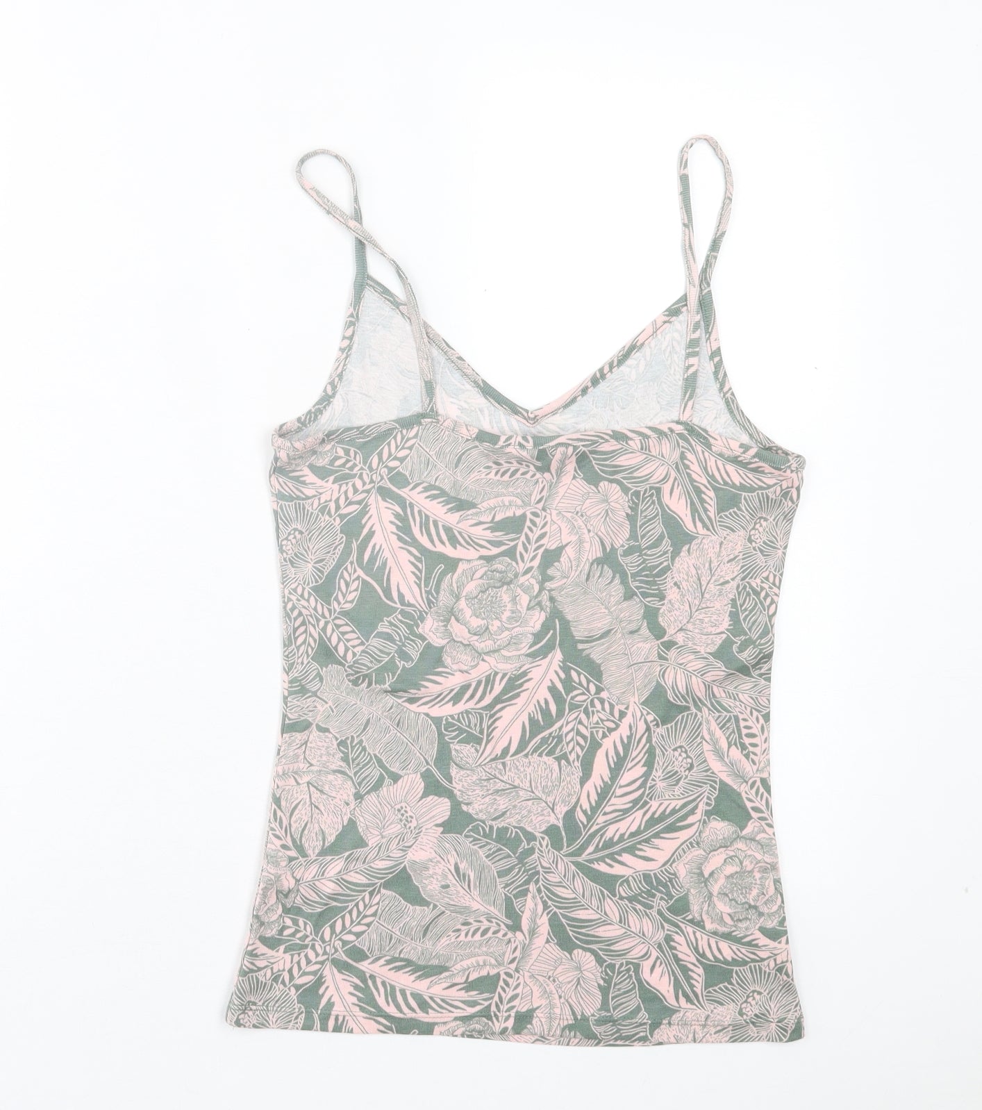 TU Womens Green Floral Cotton Basic Tank Size 12 V-Neck