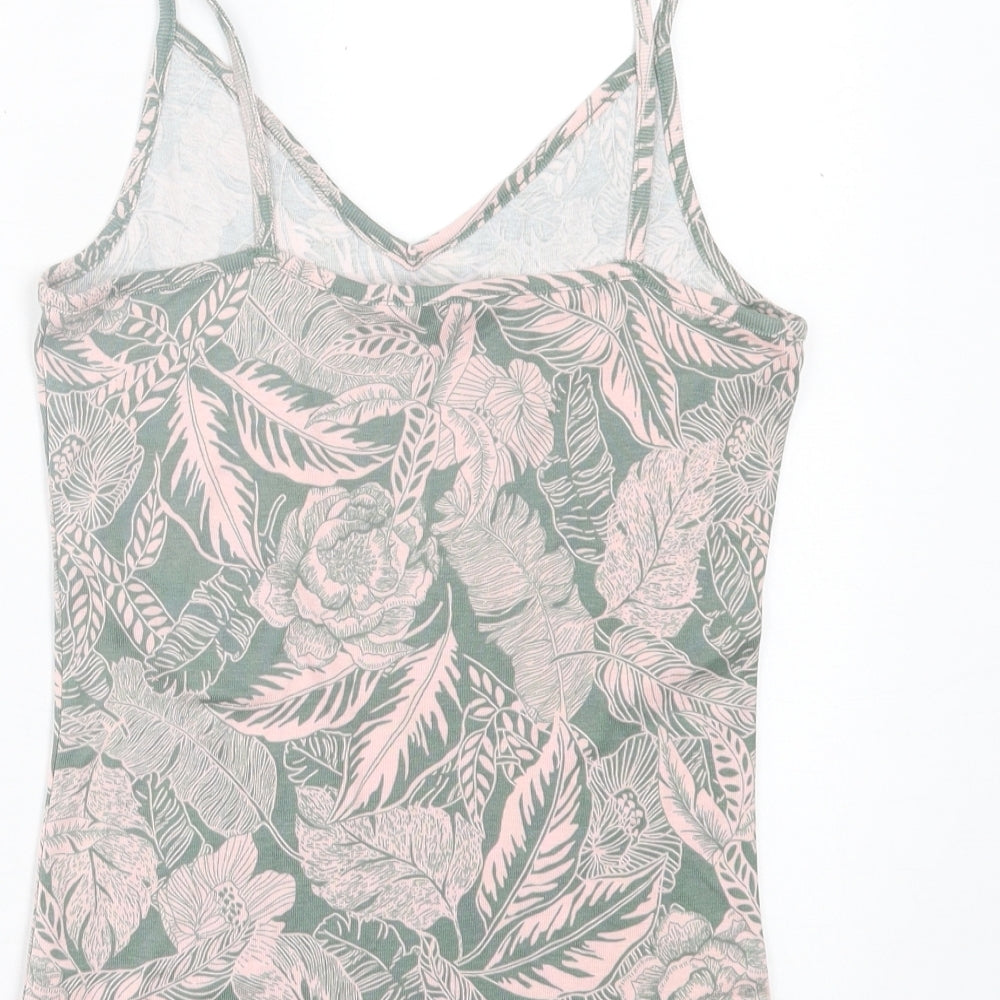 TU Womens Green Floral Cotton Basic Tank Size 12 V-Neck