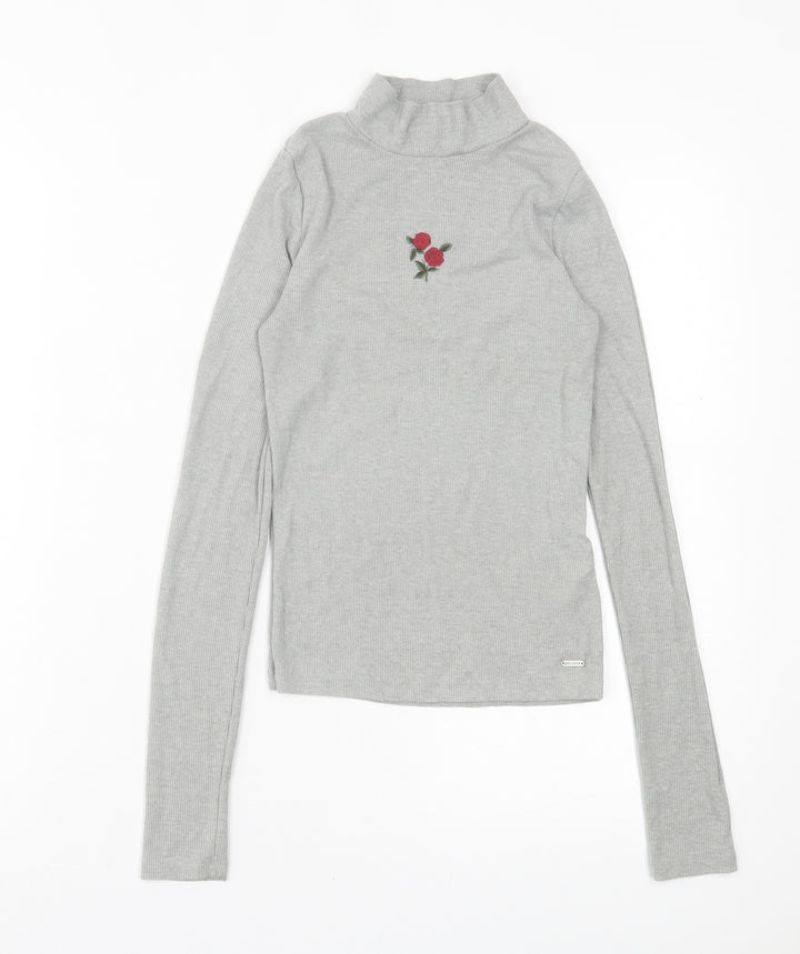 Hollister Womens Grey Cotton Basic T-Shirt Size S High Neck - Roses