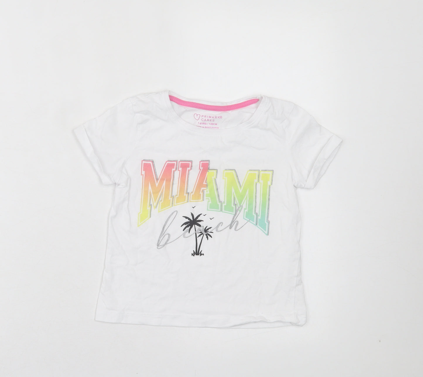 Primark Girls White Cotton Basic T-Shirt Size 7-8 Years Crew Neck Pullover - Miami Beach