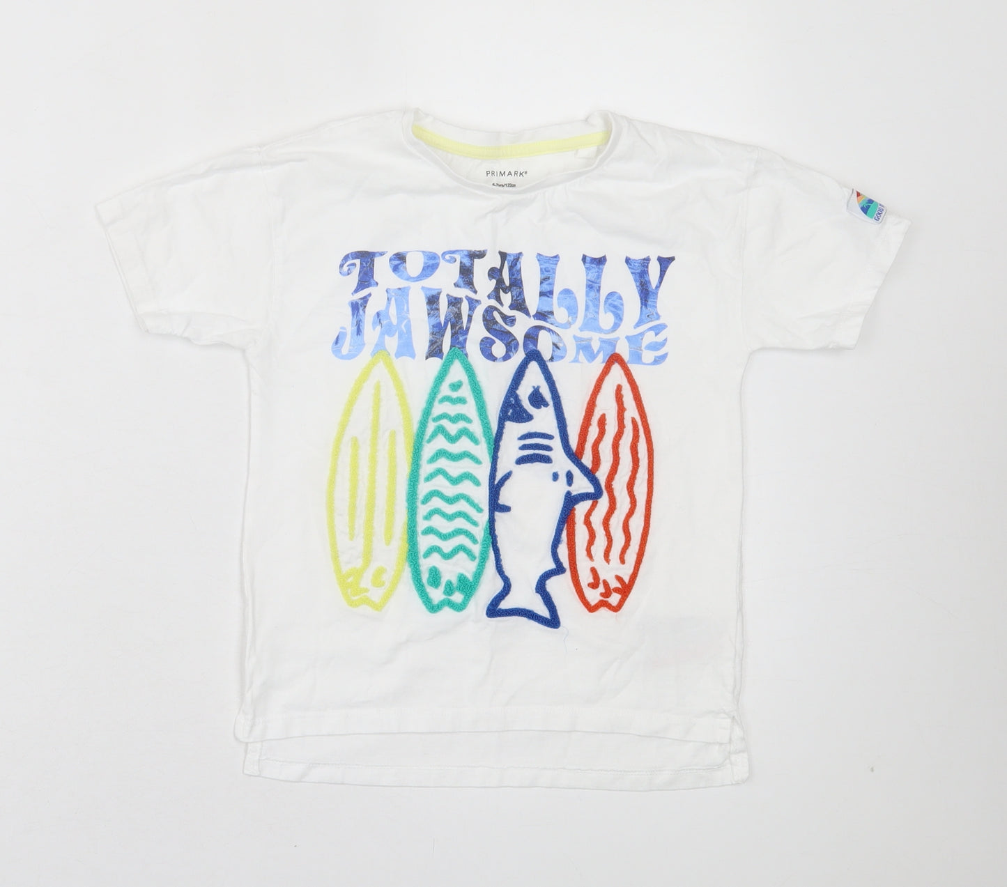 Primark Boys White Cotton Basic T-Shirt Size 6-7 Years Crew Neck Pullover - Totally Jawsome