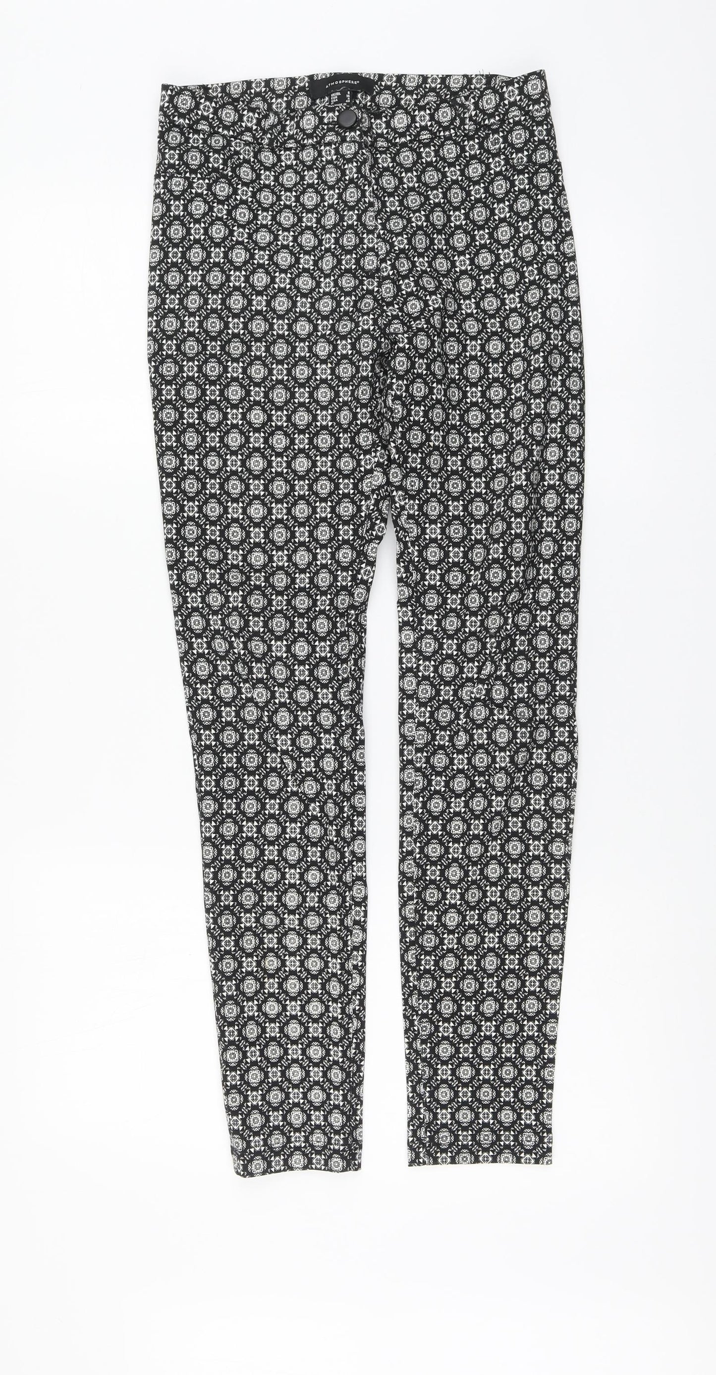Primark Womens Black Geometric Viscose Chino Trousers Size 8 L28 in Regular Button