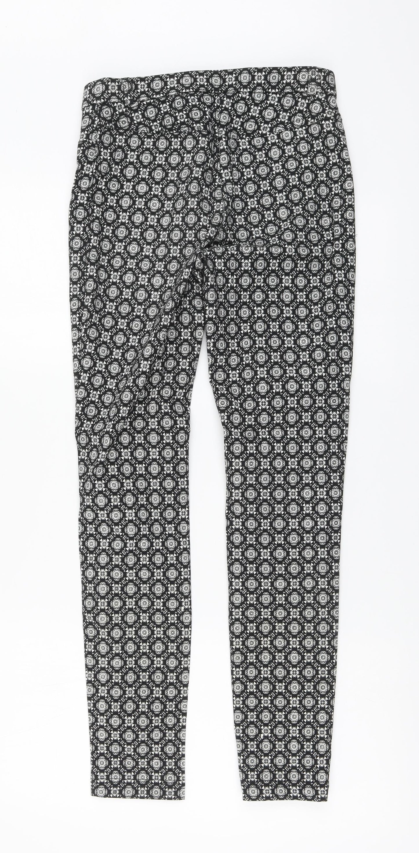 Primark Womens Black Geometric Viscose Chino Trousers Size 8 L28 in Regular Button