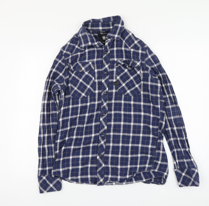 Raw Mens Blue Plaid Cotton Button-Up Size M Collared Button