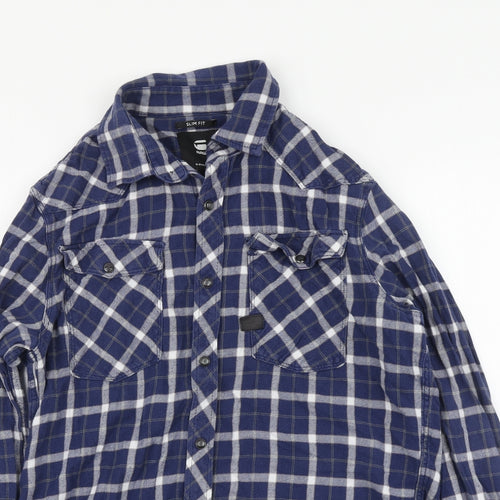 Raw Mens Blue Plaid Cotton Button-Up Size M Collared Button
