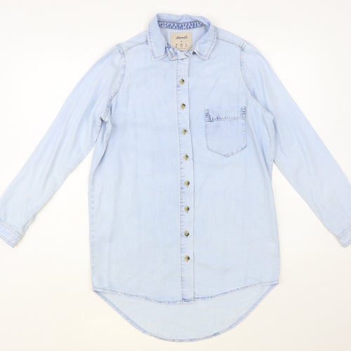 Denim Co. Womens Blue Lyocell Basic Button-Up Size 8 Collared