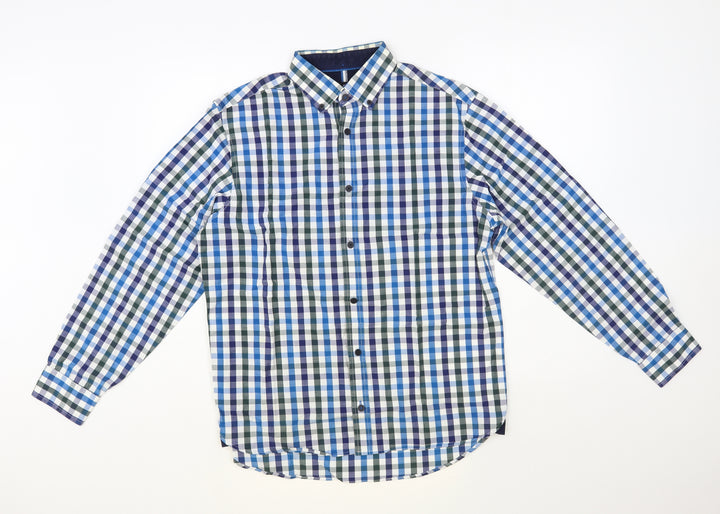 Blue Harbour Mens Blue Check Cotton Button-Up Size S Collared Button