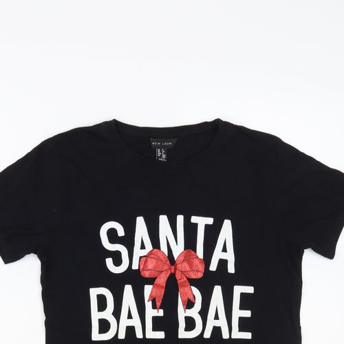 New Look Womens Black Cotton Basic T-Shirt Size 6 Crew Neck - Santa Bae Bae