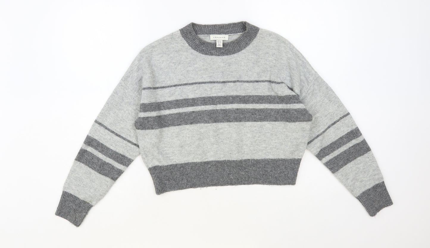 Topshop Womens Grey Crew Neck Striped Acrylic Pullover Jumper Size 6 - Cropped
