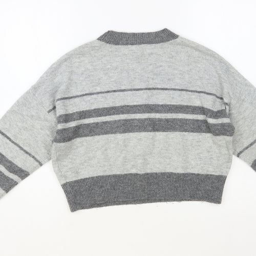 Topshop Womens Grey Crew Neck Striped Acrylic Pullover Jumper Size 6 - Cropped