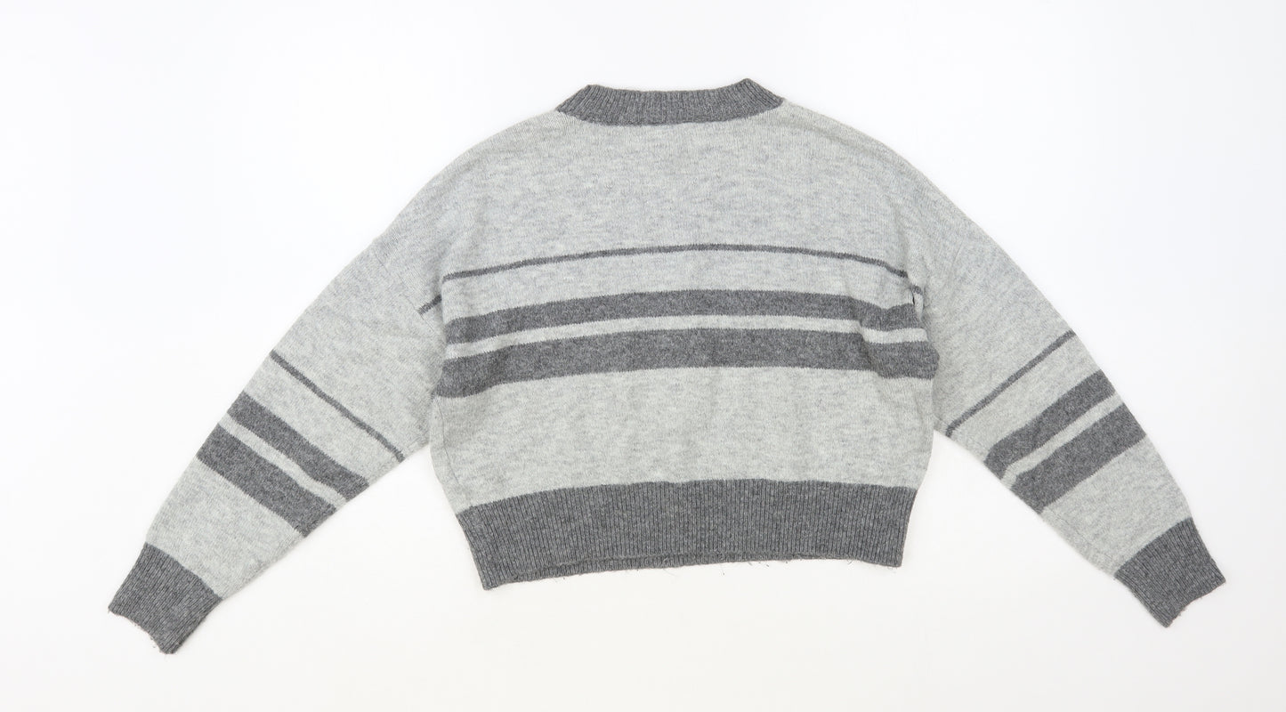 Topshop Womens Grey Crew Neck Striped Acrylic Pullover Jumper Size 6 - Cropped