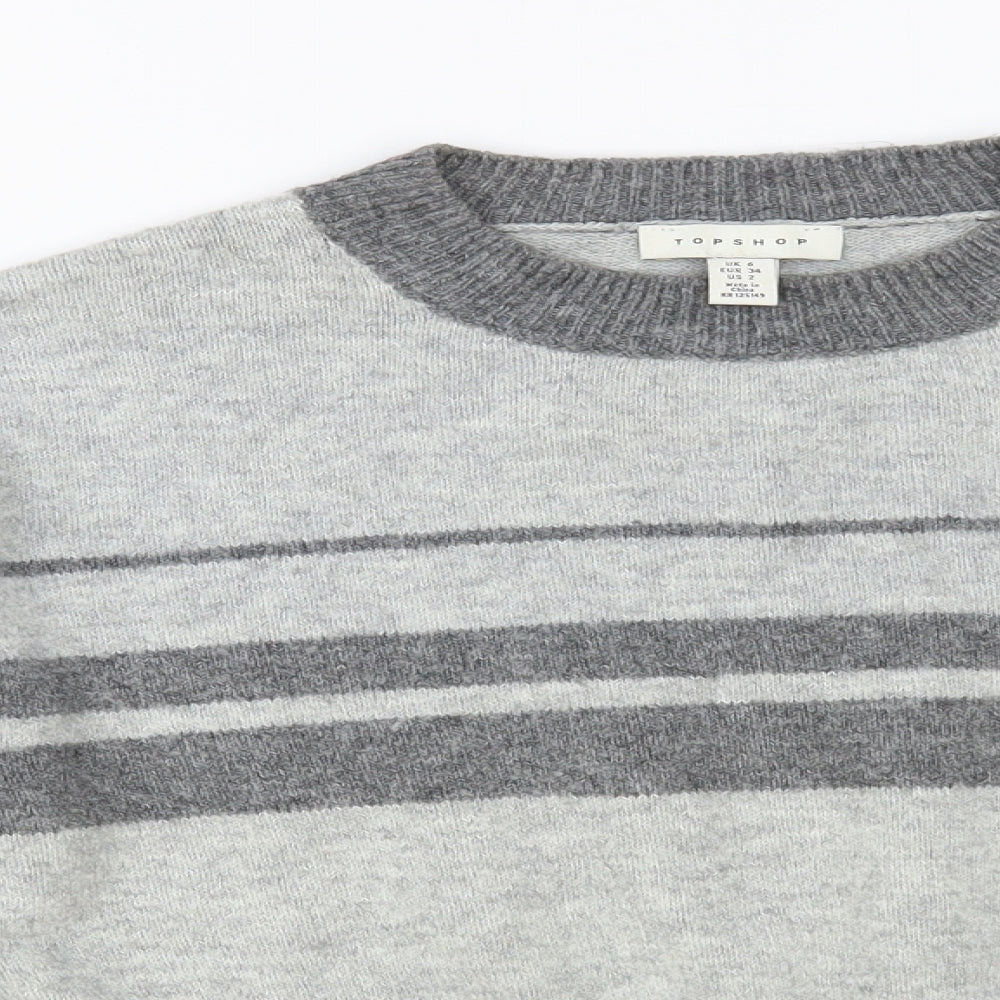 Topshop Womens Grey Crew Neck Striped Acrylic Pullover Jumper Size 6 - Cropped