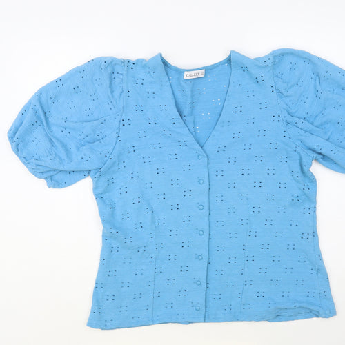 Gallery Womens Blue Cotton Basic Blouse Size 16 V-Neck