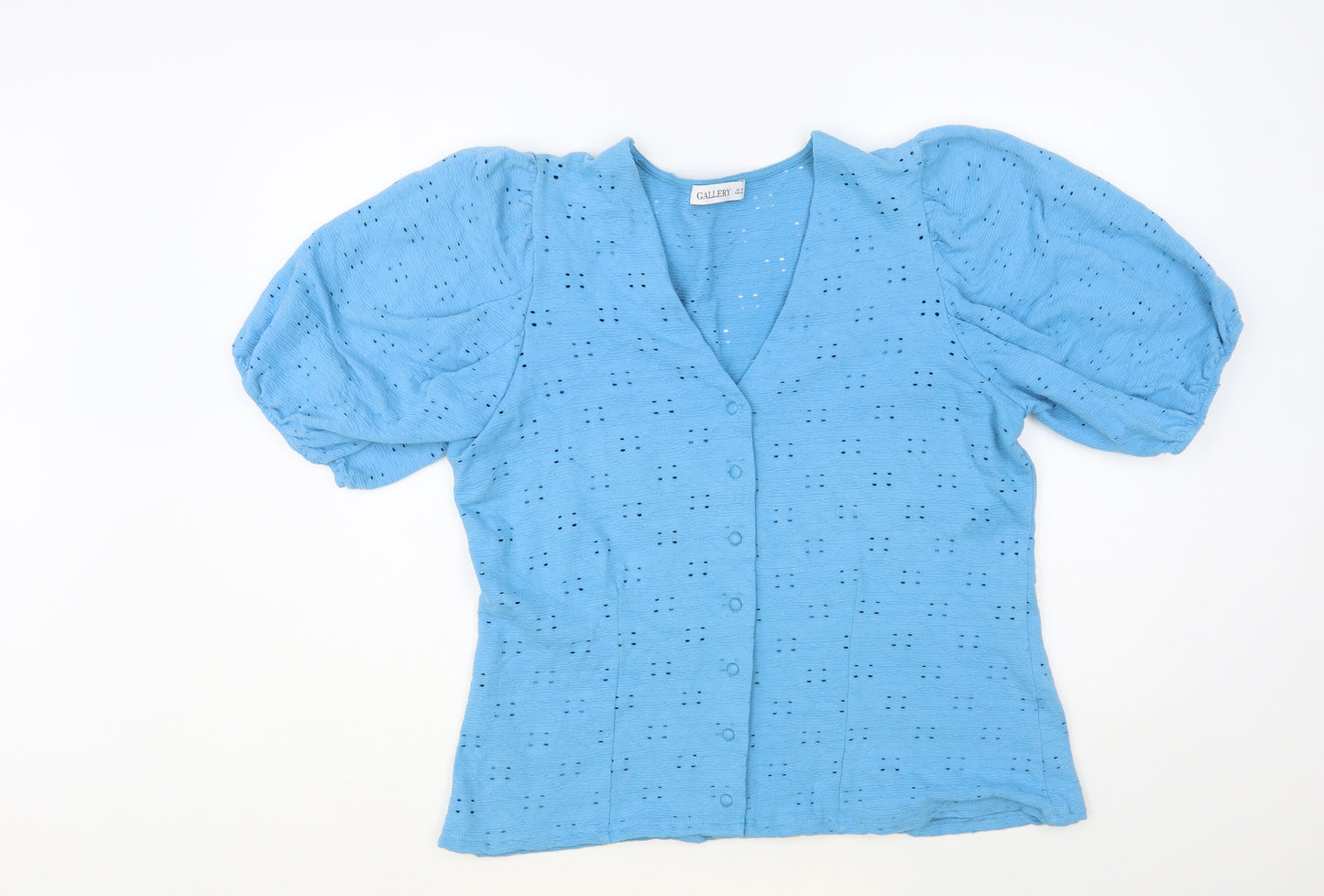 Gallery Womens Blue Cotton Basic Blouse Size 16 V-Neck