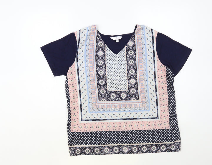 Julipa Womens Blue Geometric Polyester Basic Blouse Size 14 V-Neck