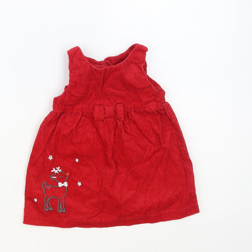Dunnes Stores Baby Red Cotton Pinafore/Dungaree Dress Size 3-6 Months Round Neck Button - Christmas Reindeer