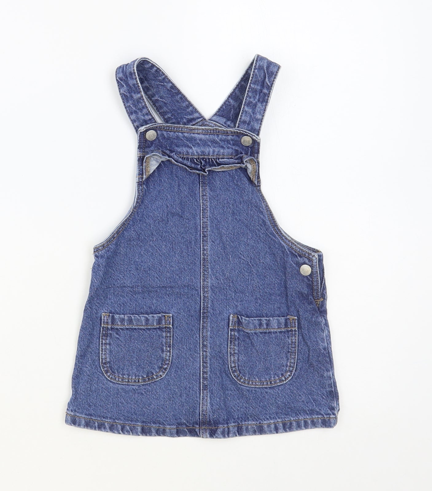 F&F Baby Blue Cotton Pinafore/Dungaree Dress Size 18-24 Months Square Neck Button