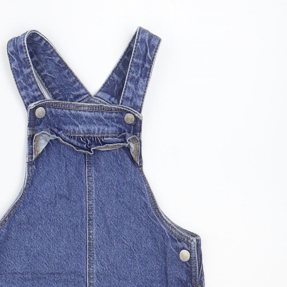F&F Baby Blue Cotton Pinafore/Dungaree Dress Size 18-24 Months Square Neck Button