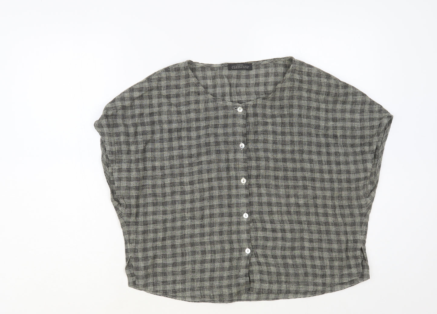 Clemente Womens Grey Check Linen Basic Button-Up Size L Round Neck