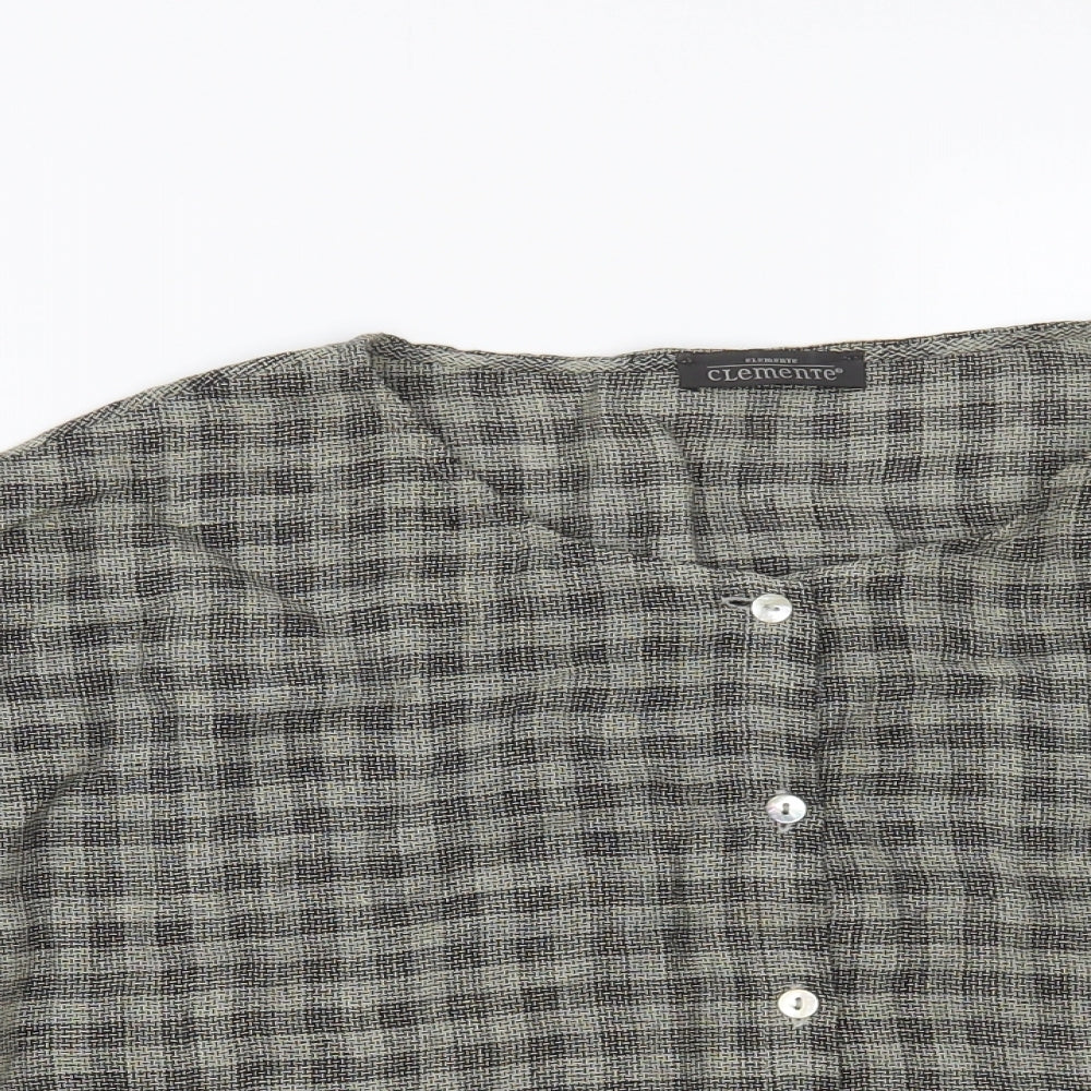 Clemente Womens Grey Check Linen Basic Button-Up Size L Round Neck