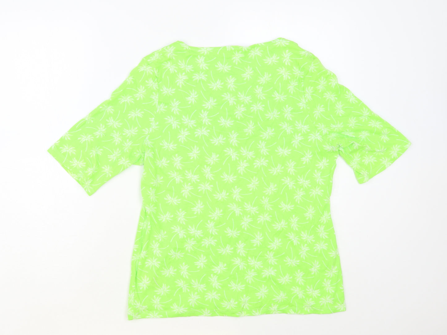 Marks and Spencer Womens Green Floral Cotton Basic T-Shirt Size 16 Scoop Neck - Palm Tree Print