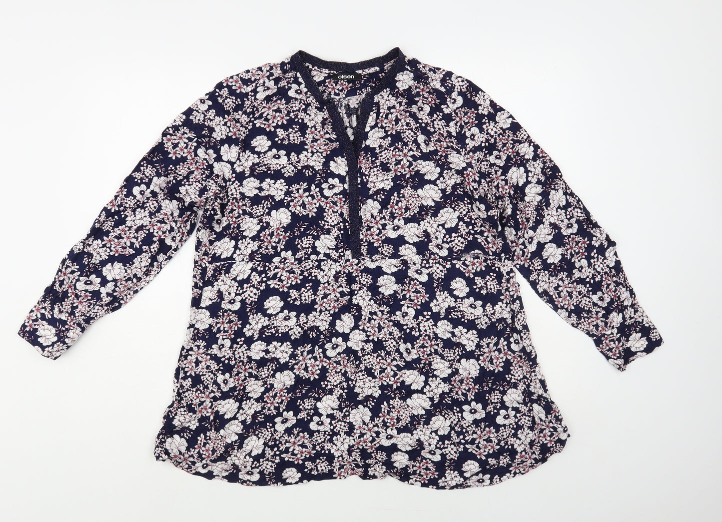 Olsen Womens Blue Floral Viscose Basic Blouse Size M V-Neck