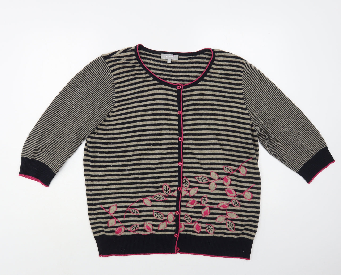 Per Una Womens Blue Round Neck Striped Cotton Cardigan Jumper Size 18 - Flower Detail