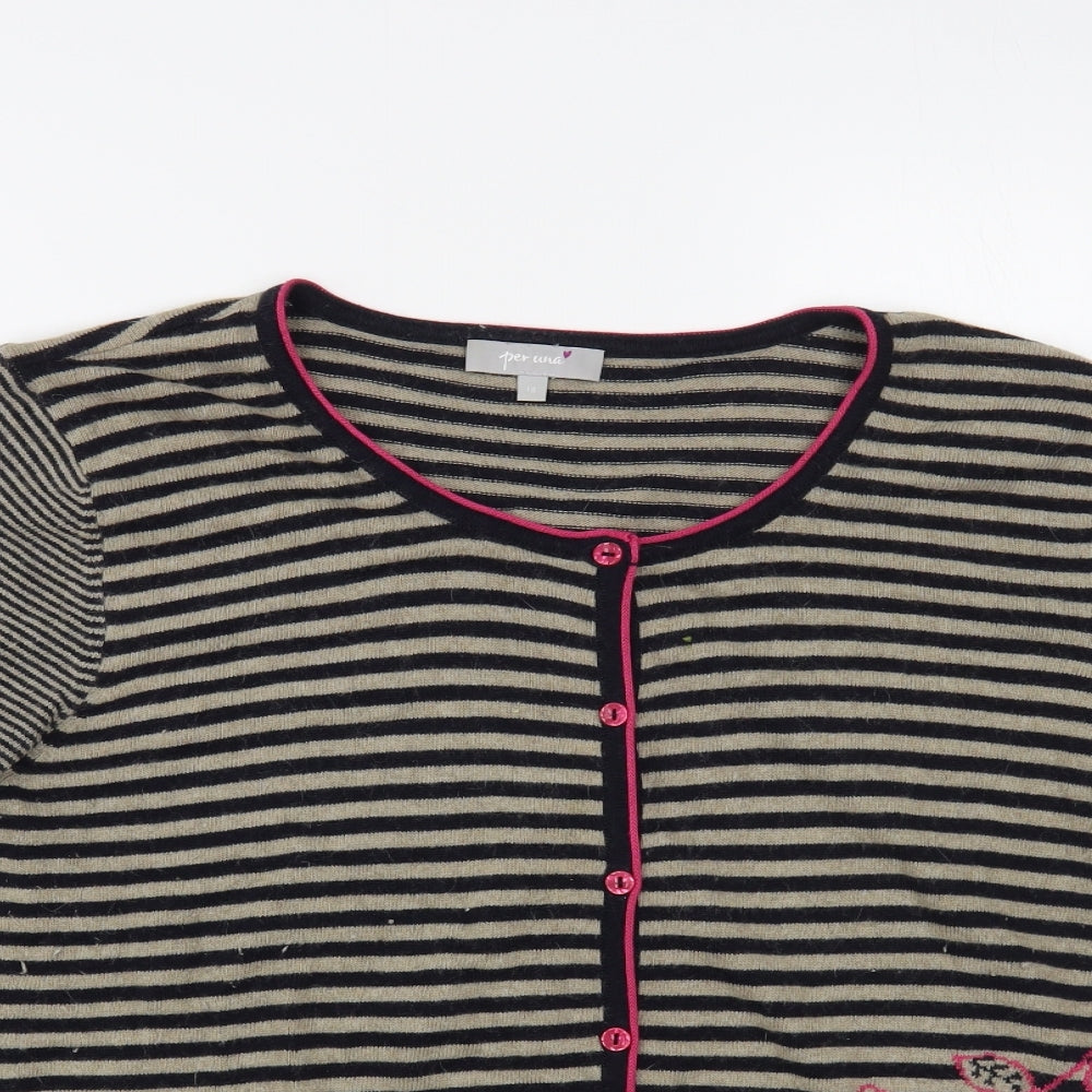 Per Una Womens Blue Round Neck Striped Cotton Cardigan Jumper Size 18 - Flower Detail