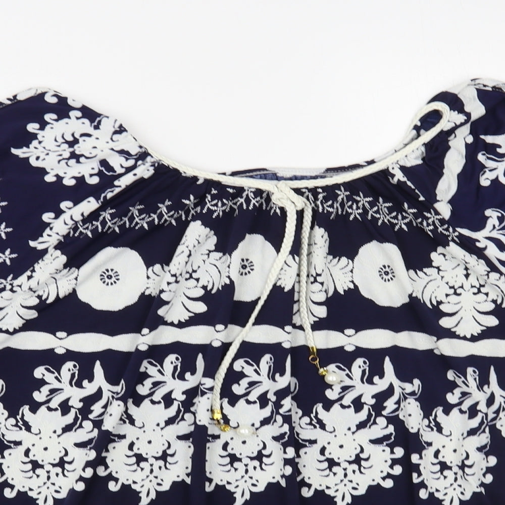 Quiz Womens Blue Geometric Polyester Basic Blouse Size 18 Boat Neck - Tie Side Cold Shoulder