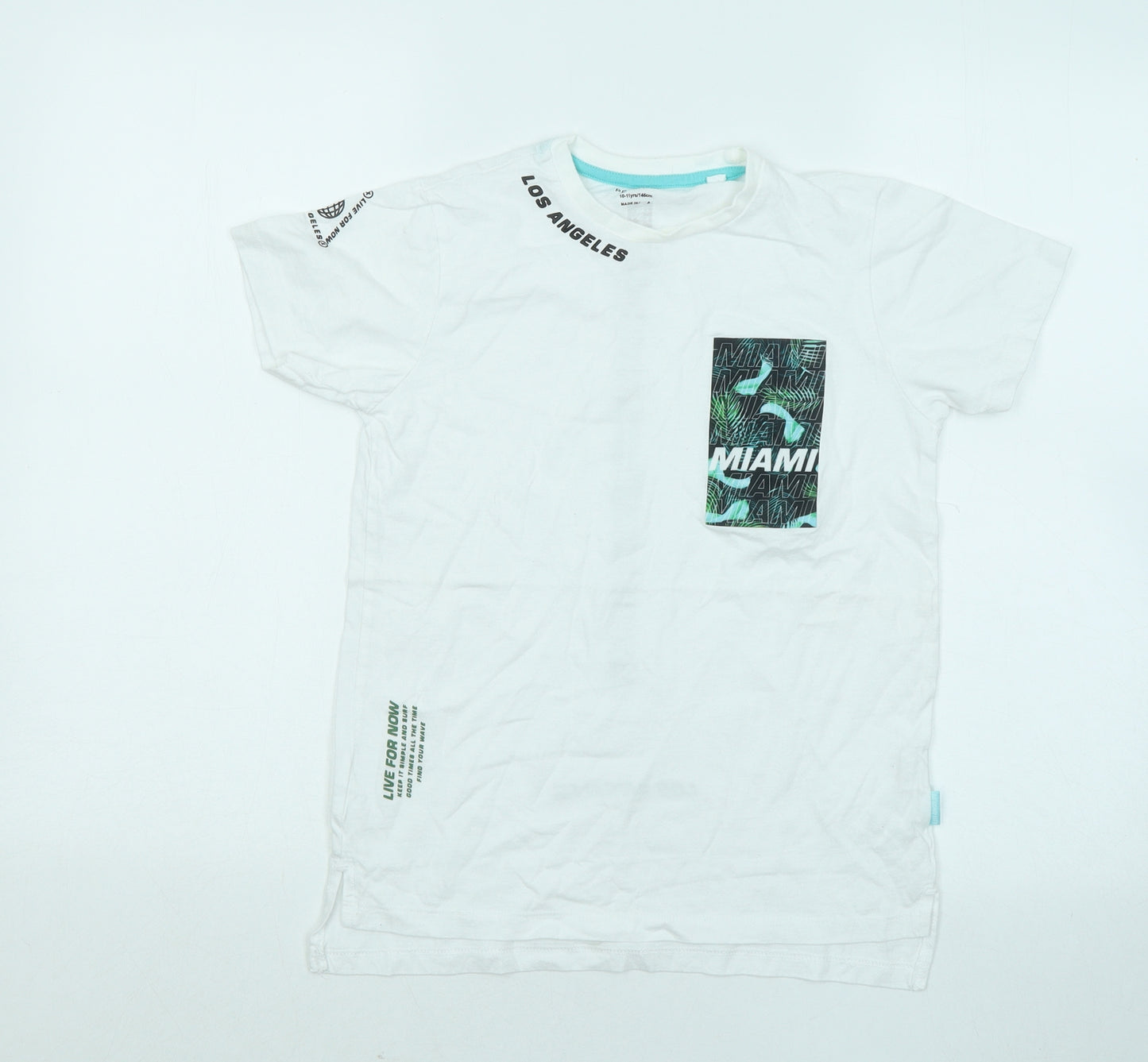 Primark Boys White Cotton Basic T-Shirt Size 10-11 Years Round Neck Pullover - Miami Los Angeles