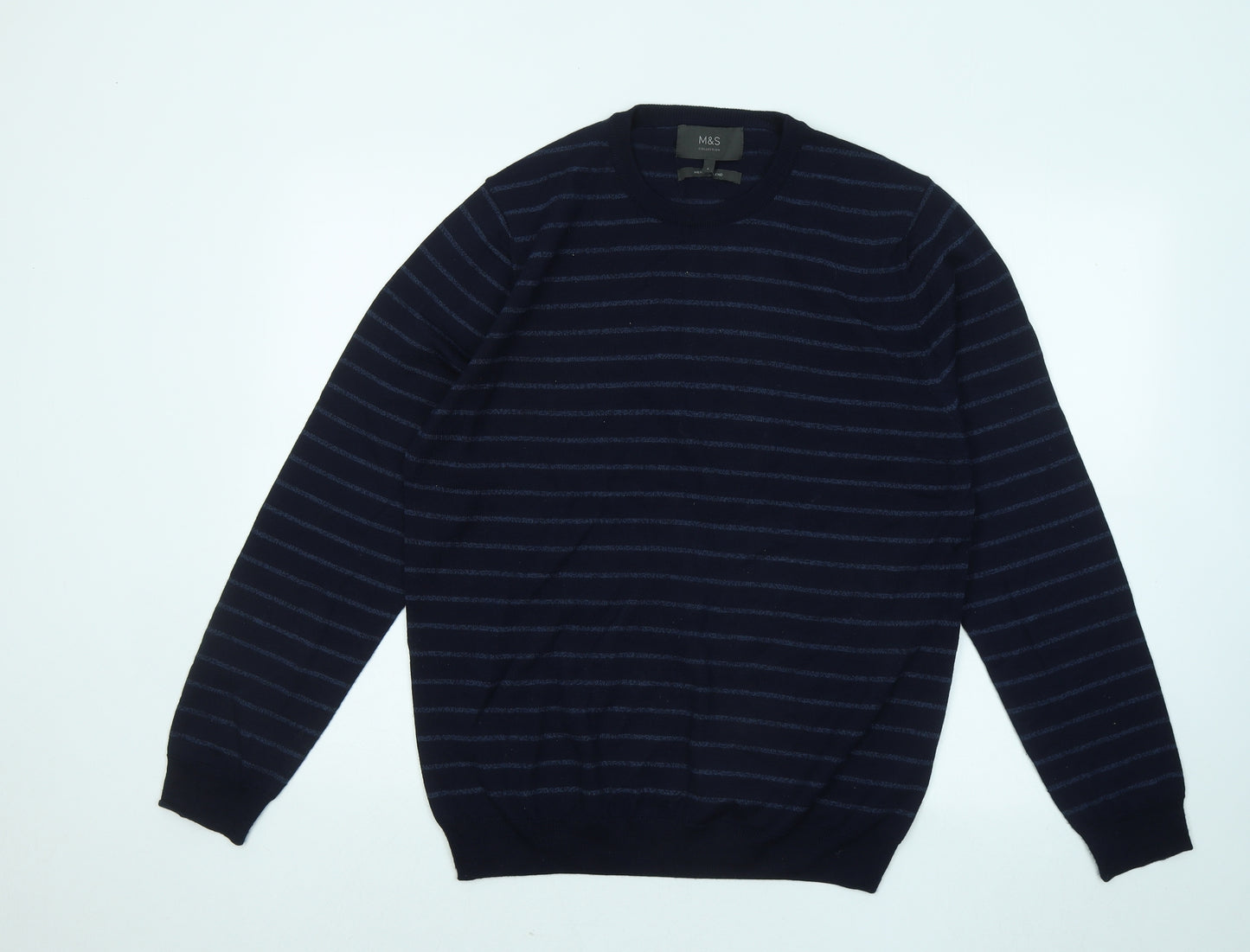 Marks and Spencer Mens Blue Round Neck Striped Acrylic Pullover Jumper Size L