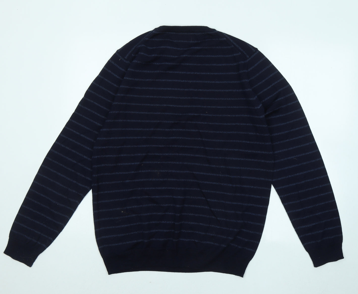 Marks and Spencer Mens Blue Round Neck Striped Acrylic Pullover Jumper Size L
