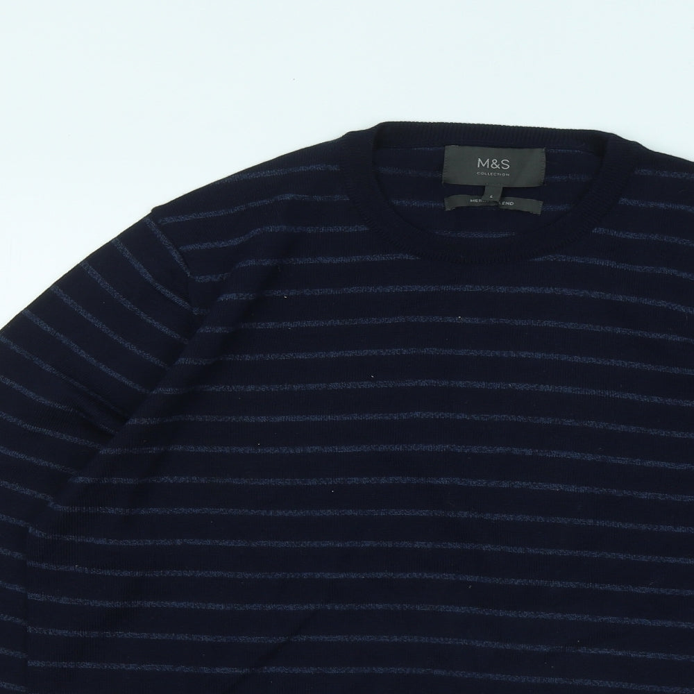 Marks and Spencer Mens Blue Round Neck Striped Acrylic Pullover Jumper Size L