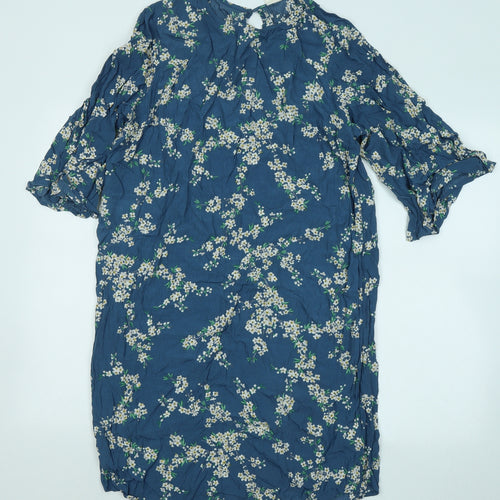 H&M Womens Blue Floral Viscose T-Shirt Dress Size 10 Round Neck Button