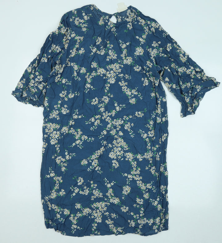 H&M Womens Blue Floral Viscose T-Shirt Dress Size 10 Round Neck Button