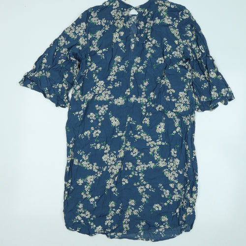 H&M Womens Blue Floral Viscose T-Shirt Dress Size 10 Round Neck Button
