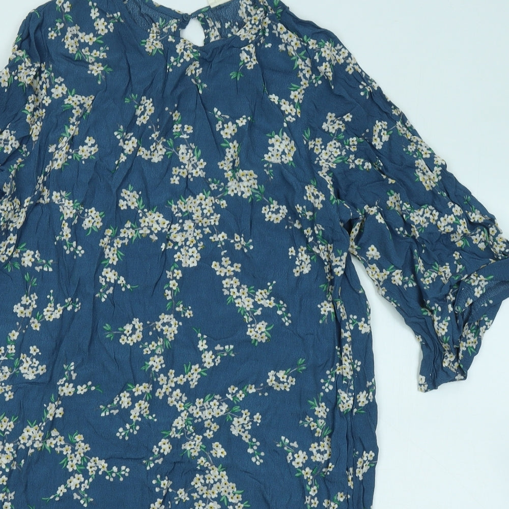 H&M Womens Blue Floral Viscose T-Shirt Dress Size 10 Round Neck Button