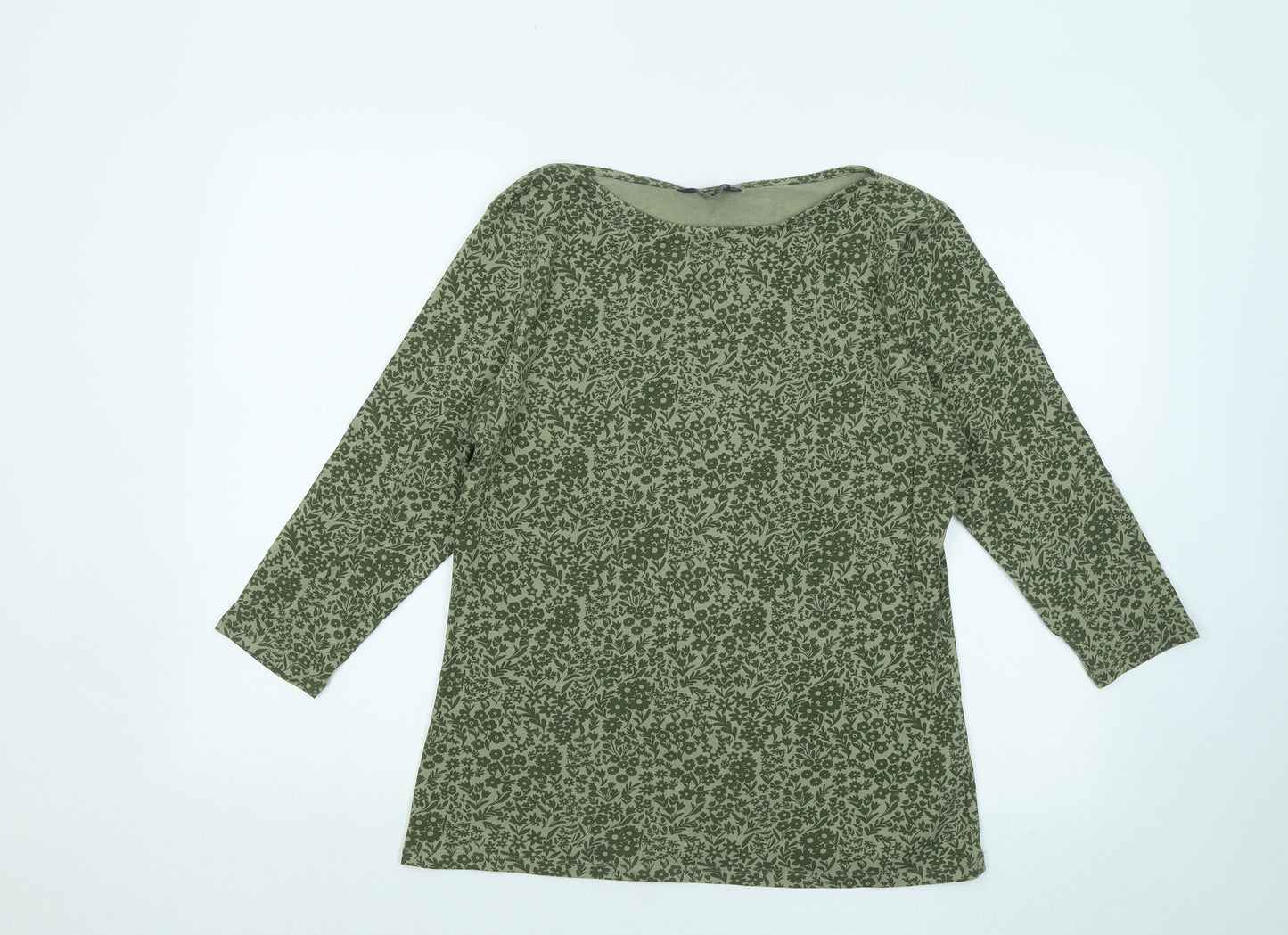 Marks and Spencer Womens Green Floral Cotton Basic T-Shirt Size 14 Round Neck