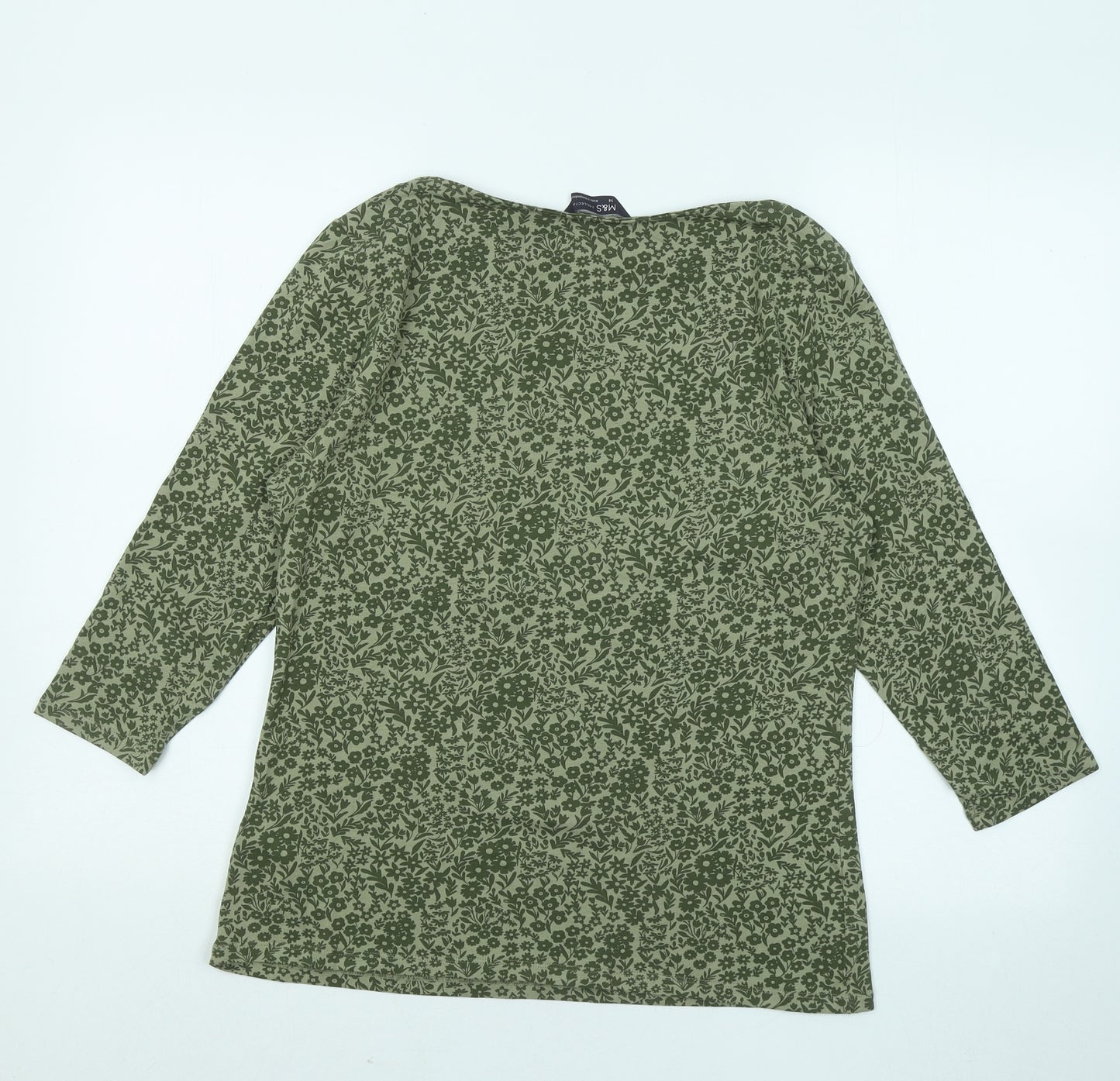 Marks and Spencer Womens Green Floral Cotton Basic T-Shirt Size 14 Round Neck