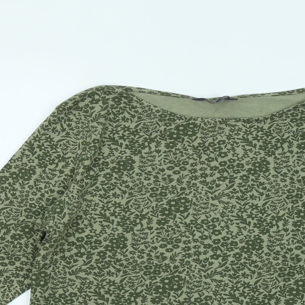Marks and Spencer Womens Green Floral Cotton Basic T-Shirt Size 14 Round Neck