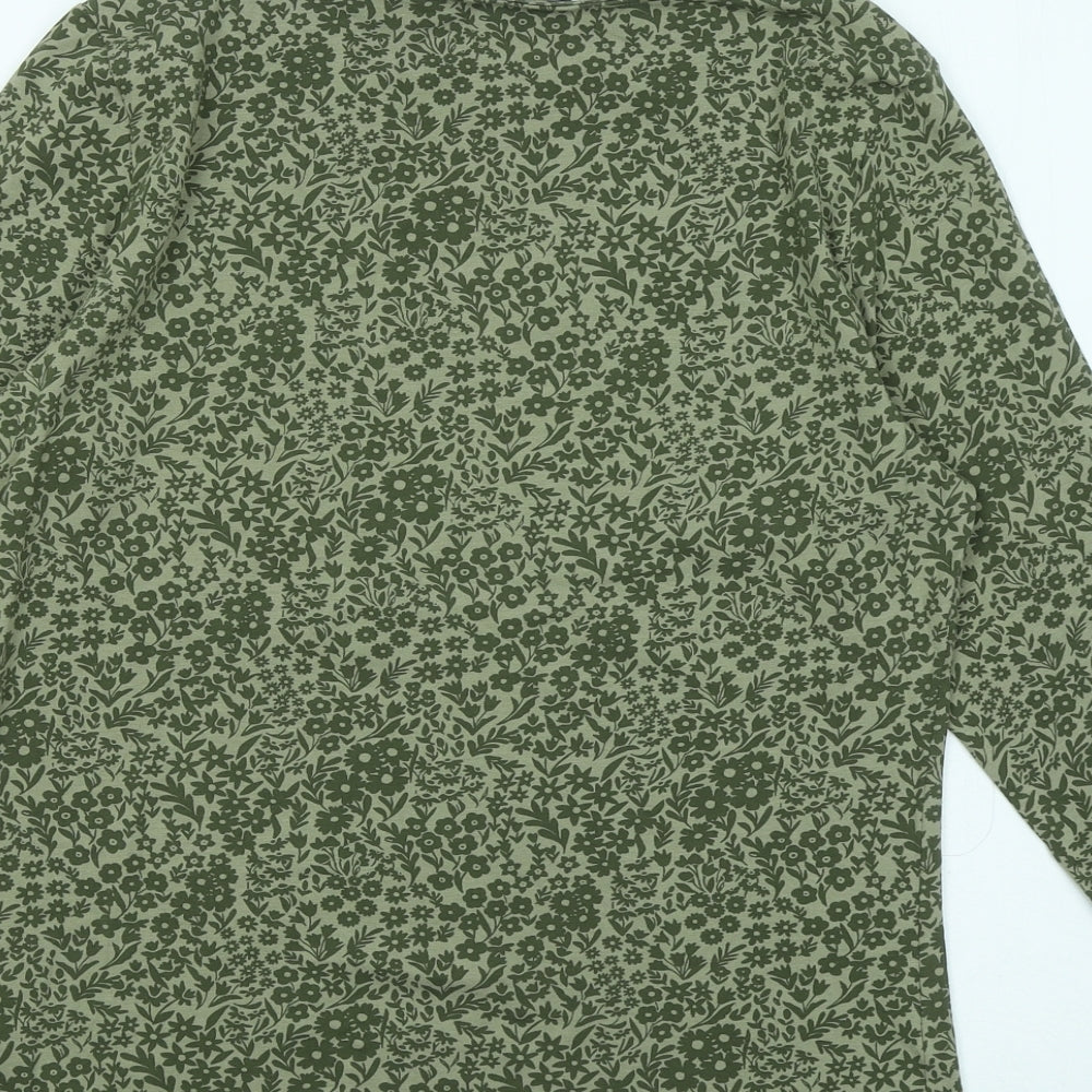 Marks and Spencer Womens Green Floral Cotton Basic T-Shirt Size 14 Round Neck