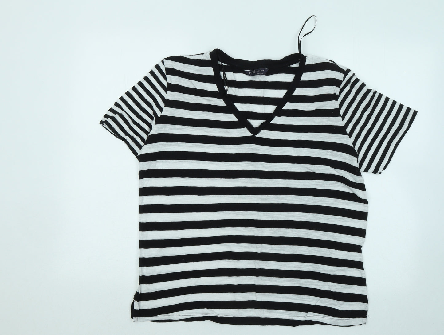 Marks and Spencer Womens Black Striped Cotton Basic T-Shirt Size 12 V-Neck
