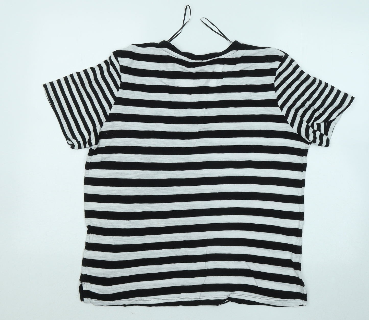 Marks and Spencer Womens Black Striped Cotton Basic T-Shirt Size 12 V-Neck