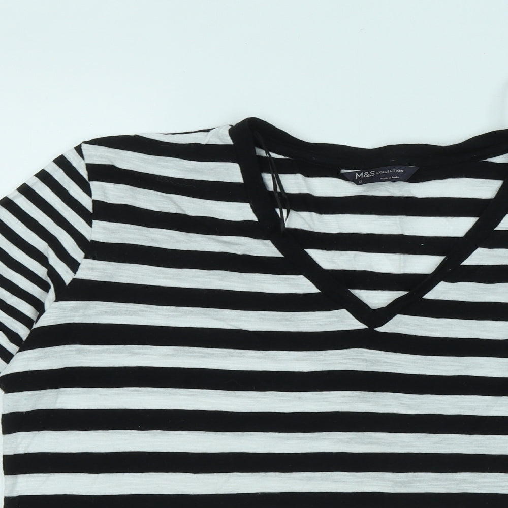 Marks and Spencer Womens Black Striped Cotton Basic T-Shirt Size 12 V-Neck