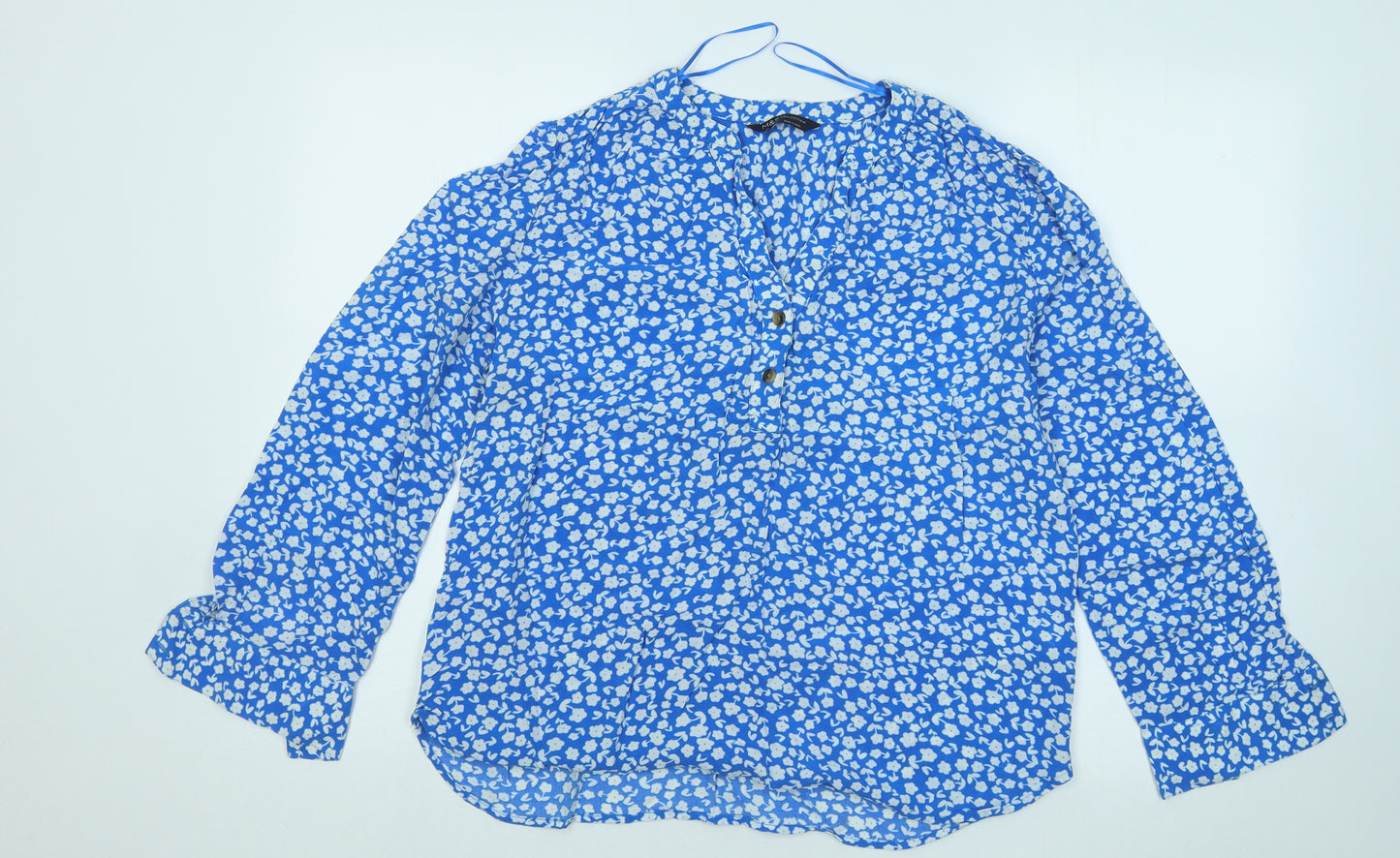Marks and Spencer Womens Blue Floral Viscose Basic Button-Up Size 12 V-Neck