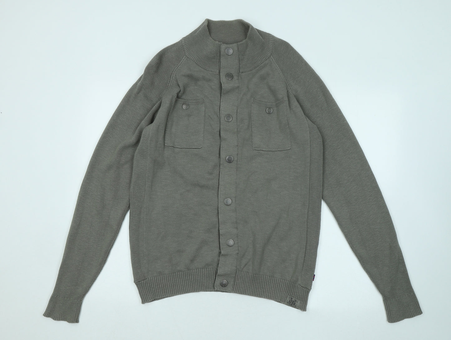 TOM TAILOR Mens Green Mock Neck Cotton Cardigan Jumper Size L