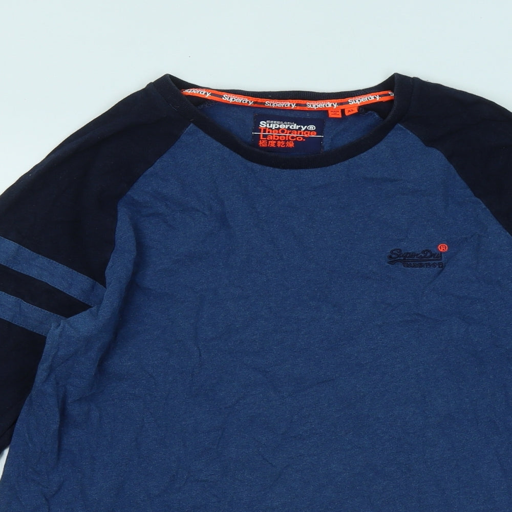 Superdry Mens Blue Cotton T-Shirt Size XL Round Neck - Embroidered