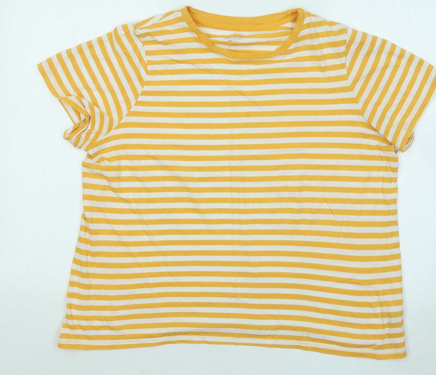 Dunnes Stores Womens Yellow Striped Cotton Basic T-Shirt Size L Round Neck