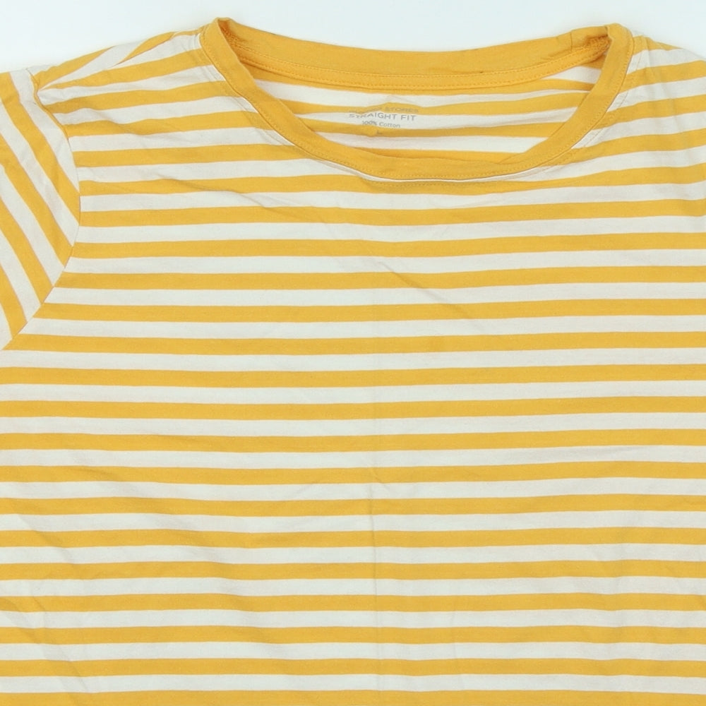 Dunnes Stores Womens Yellow Striped Cotton Basic T-Shirt Size L Round Neck