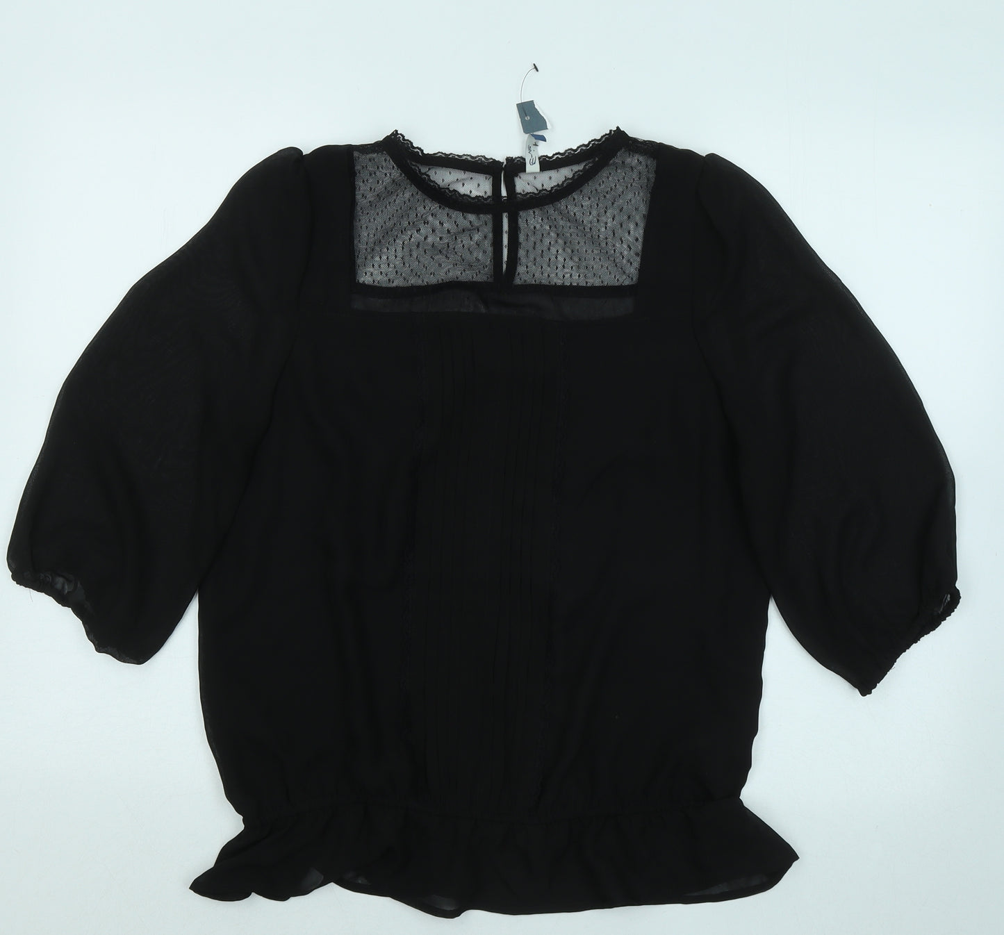 E-vie Womens Black Polyester Basic Blouse Size 14 Round Neck - Puff Sleeve